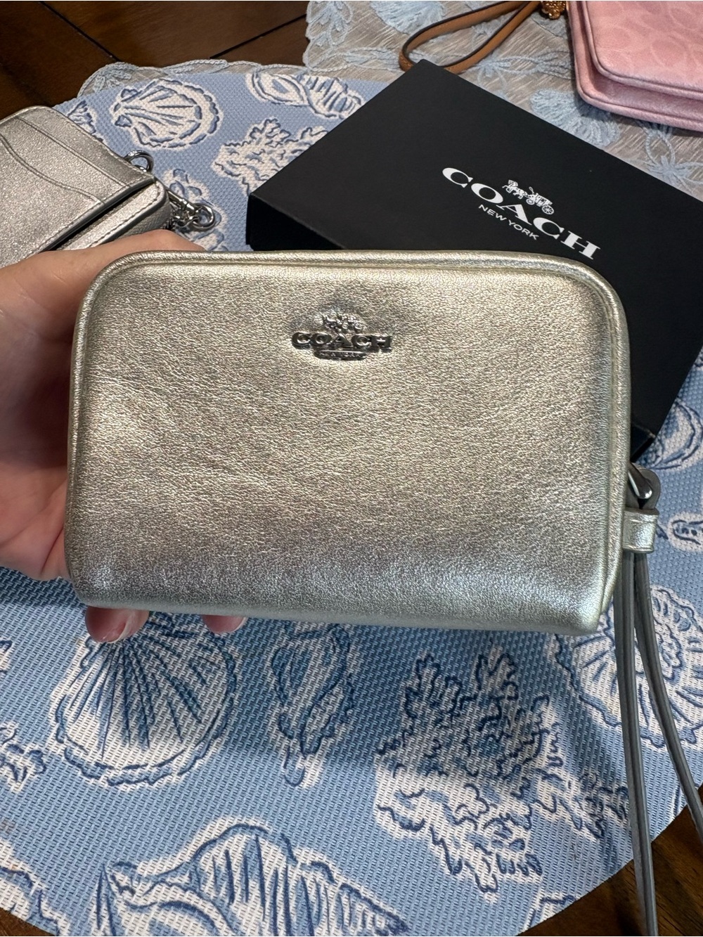 Coach Metallic Silver zip card case and matching mini pouch. - Picture 5 of 6